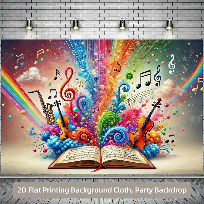Vibrant Magical Music Backdrop Open Book Violin Sax Rainbow Studio Background