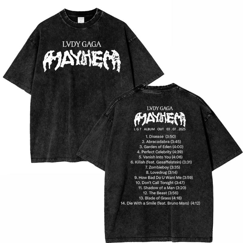 Винтажная стираная футболка Леди Гага The Mayhem Ball Tour 2026 Модная Мужская/Женская Эстетичная Высококачественная Кислотная стирка 100% Хлопок Футболки