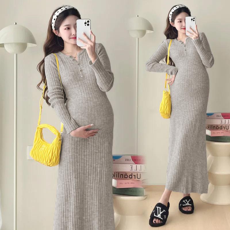 Одежда для беременных, новая весенне-осенняя одежда, осенне-зимняя одежда, бархатная и теплая, однотонная с круглым вырезом, юбка с поддержкой живота и стройнящая