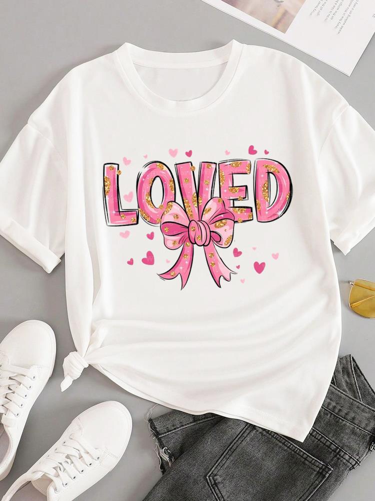 (Азиатский размер) Футболки Мода Круглый вырез Женская надпись тренд милая Повседневная Женский топ Футболка Одежда Принт Короткий рукав Графическая футболка