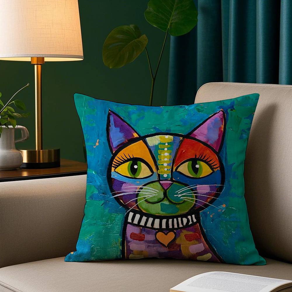 Cat Oil Painting Style Pillow Cover Square Design Home Sofa Pillowcase