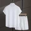 Men's Casual Waffle Shirt Two Piece Solid Short Sleeved Shirt Shorts Casual T Shirt Shorts Set