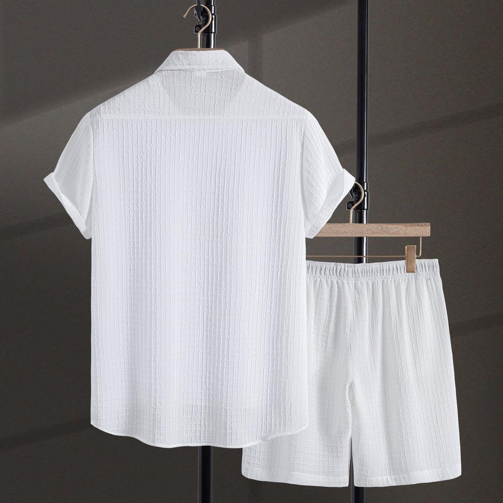 Men's Casual Waffle Shirt Two Piece Solid Short Sleeved Shirt Shorts Casual T Shirt Shorts Set