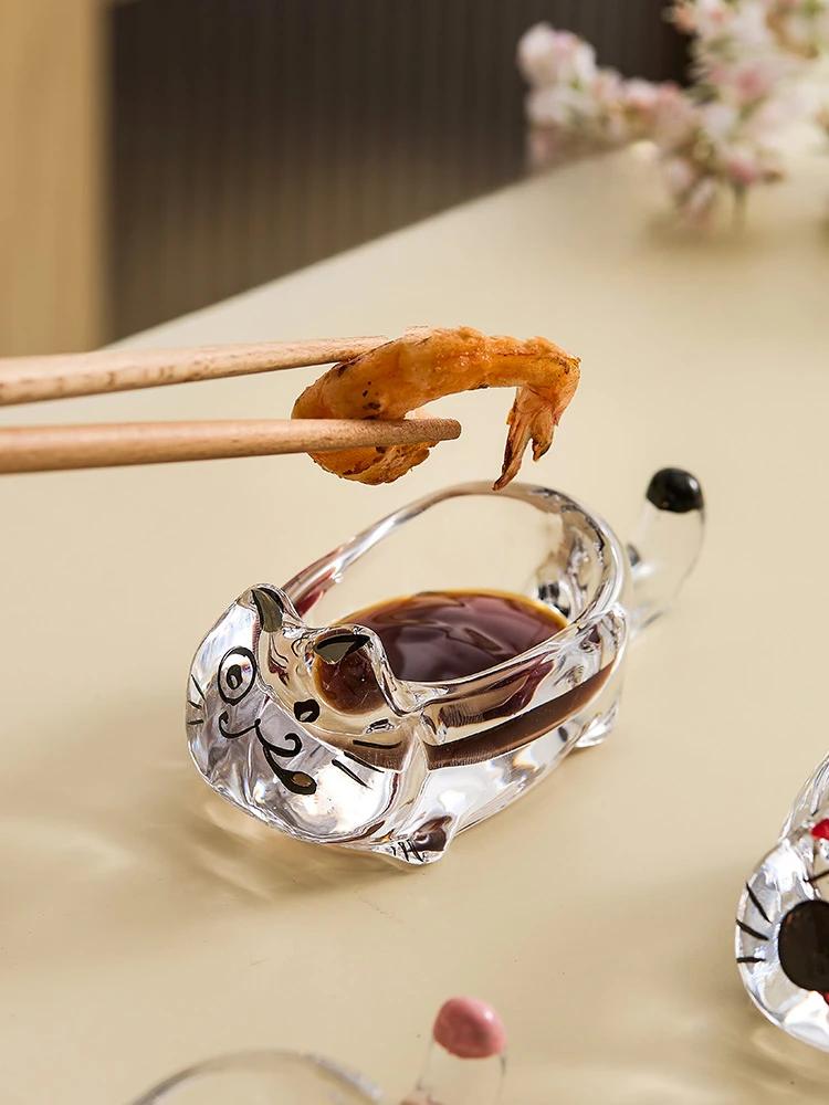 Креативная тарелка для соуса «Китти», хрустальное стекло, томатный салат, соевый соус, уксус, сухая тарелка, мультяшный домашний перекус, маленькая тарелка, держатель для палочек для еды