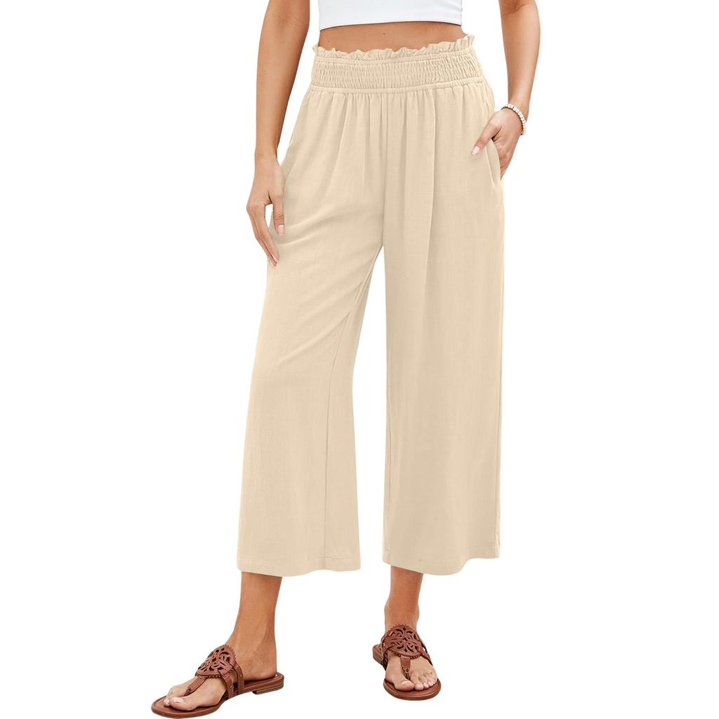 Льняные брюки для женщин, повседневные, однотонные, с эластичной резинкой на талии, укороченные брюки