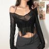 Sexy Lace Up V Neck Long Sleeve Black T Shirts for Women Female Club Wear Mesh Blouses See Through Crop Tops