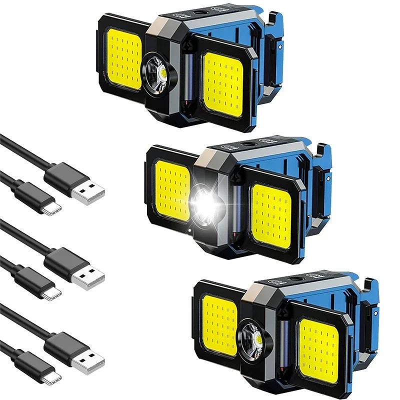 Мини-фонарик-брелок COB Work Light USB перезаряжаемая лампа со складными боковыми огнями на 90° Супер яркие портативные фонари
