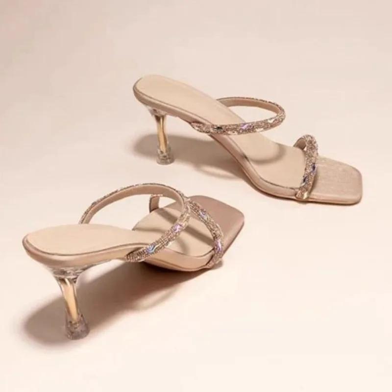 Мода 2025 Горячая Распродажа Женская Обувь Открытый Носок Женские Шлепанцы Мода Кристалл Уличные Летние Платье Новые Элегантные Бестселлер Высокие Каблуки