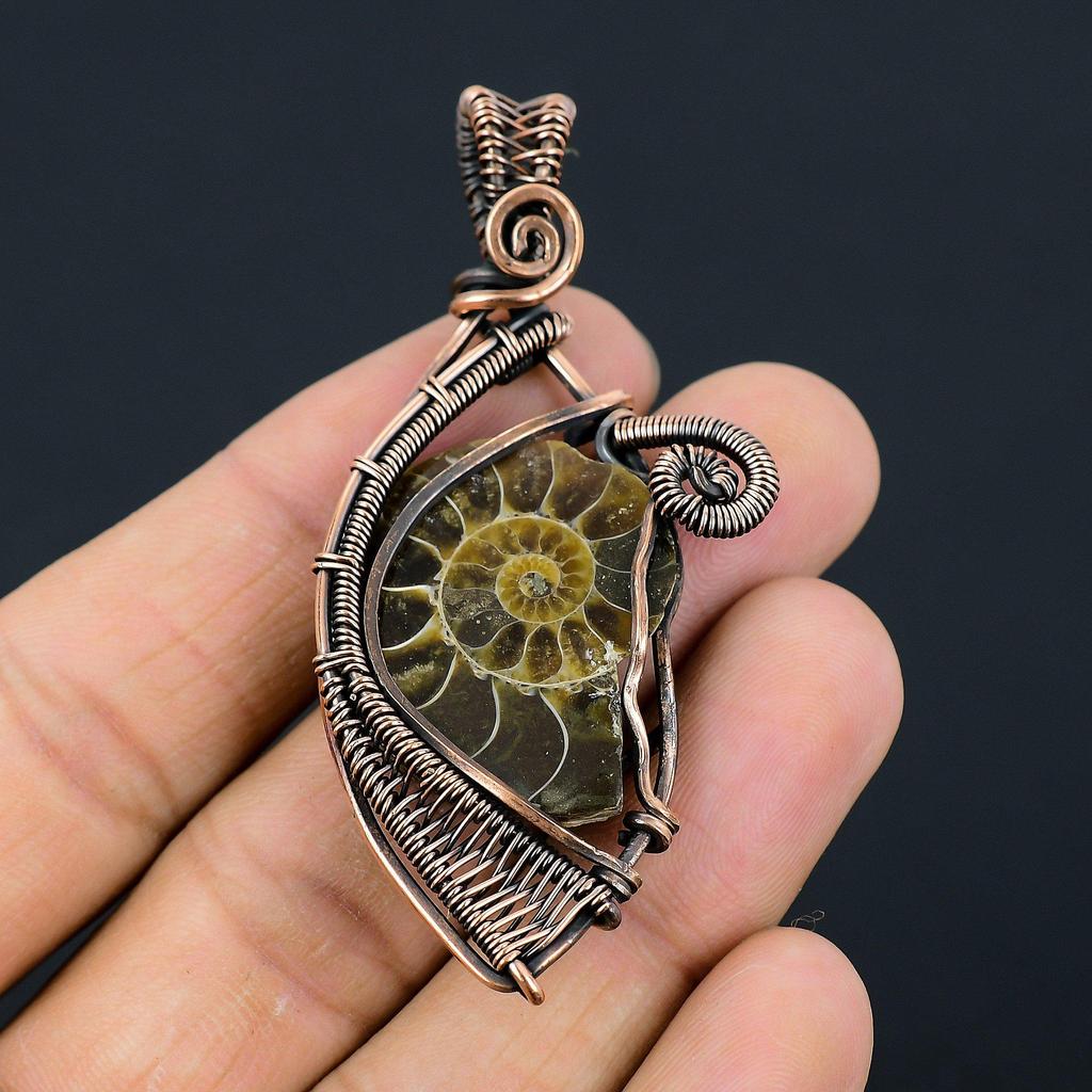 Аммонит ископаемый драгоценный камень медная проволока обертывание ювелирные изделия ручной работы красивый кулон подарок для любви