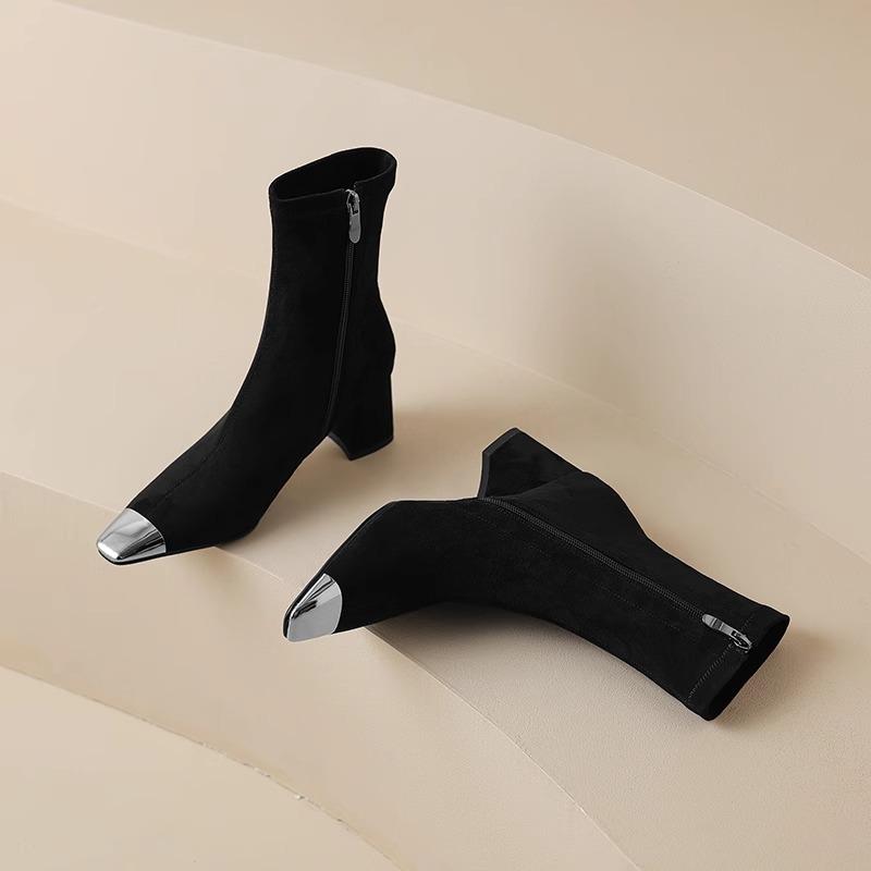 Модные весенне-осенние женские короткие ботильоны с острым носком, эластичные, облегающие, модные туфли на толстом каблуке, современные боты, женская обувь