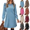 Winter Spring Women's Puff Long Sleeve Dress Casual Knit Crewneck Knee Length Dresses with Pockets