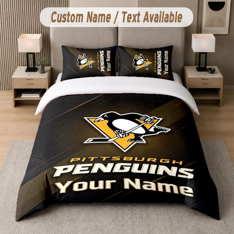Custom Bedding Set Pittsburgh Penguins Pattern, Print Name Text 1 Duvet Cover plus 2 Pillowcases Home Textile