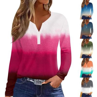 Женская модная повседневная футболка с v-образным вырезом и длинными рукавами и декоративными пуговицами, топ