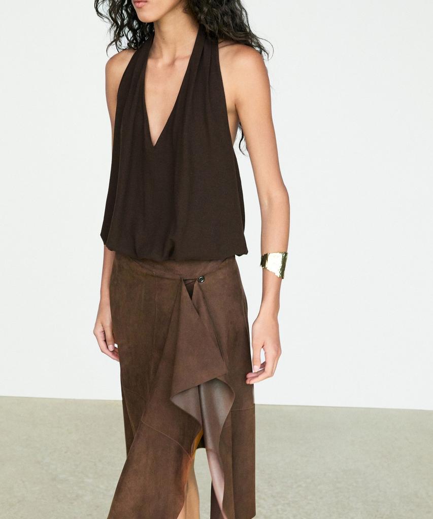 Masimodutti Suede Leather Ruffle Detail Midi Skirt