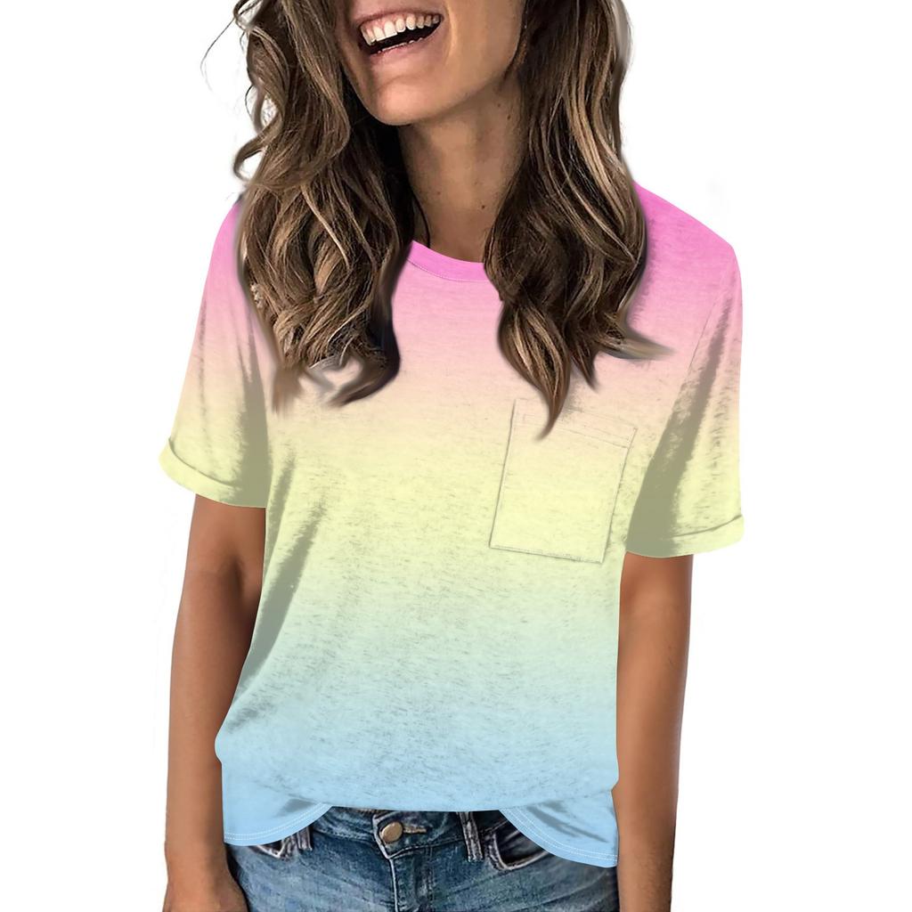 Women's Pocket Gradient Print Summer Short Sleeve Round Neck Casual Loose T-shirt Top