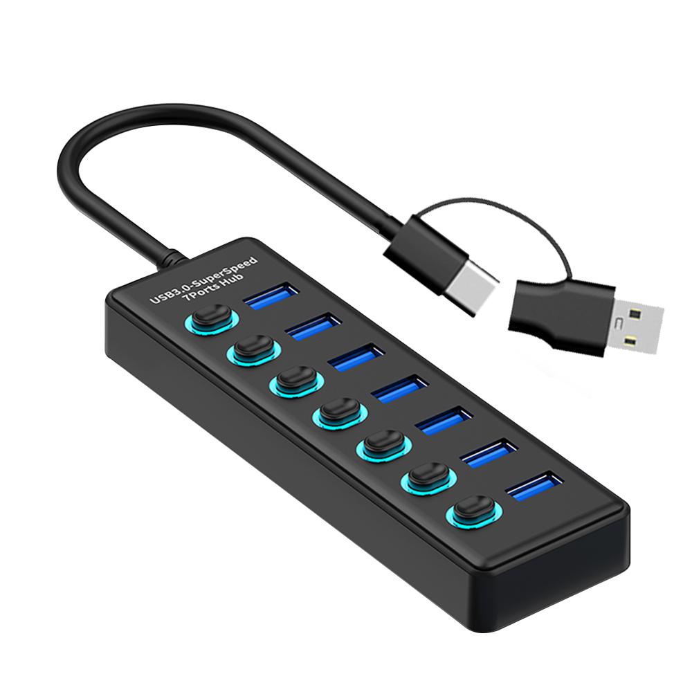 KEBIDUMEI USB-хаб на 7 портов USB 3.0, разветвитель 5 Гбит/с с индивидуальными переключателями, адаптер питания для ноутбука, расширитель USB-портов, USB-C док-станция
