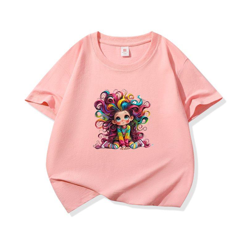 Kids Cotton T Shirt Whimsical Rainbow Hair Girl Art Print Crew Neck Short Sleeve Tee Casual Boys Girls Summer Tops