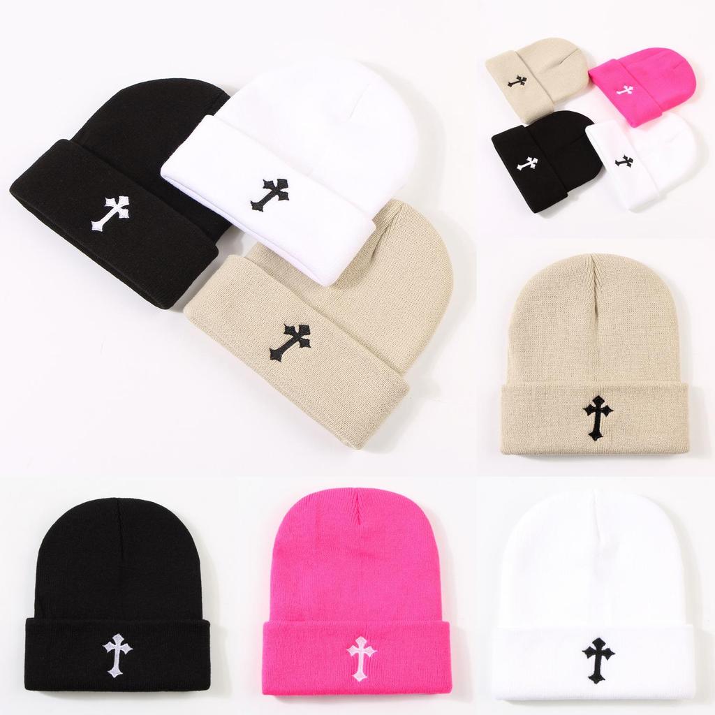 Cool Hat Exquisite Cross Embroidery Unisex Warm No Brim Knitted Hatsbeanie