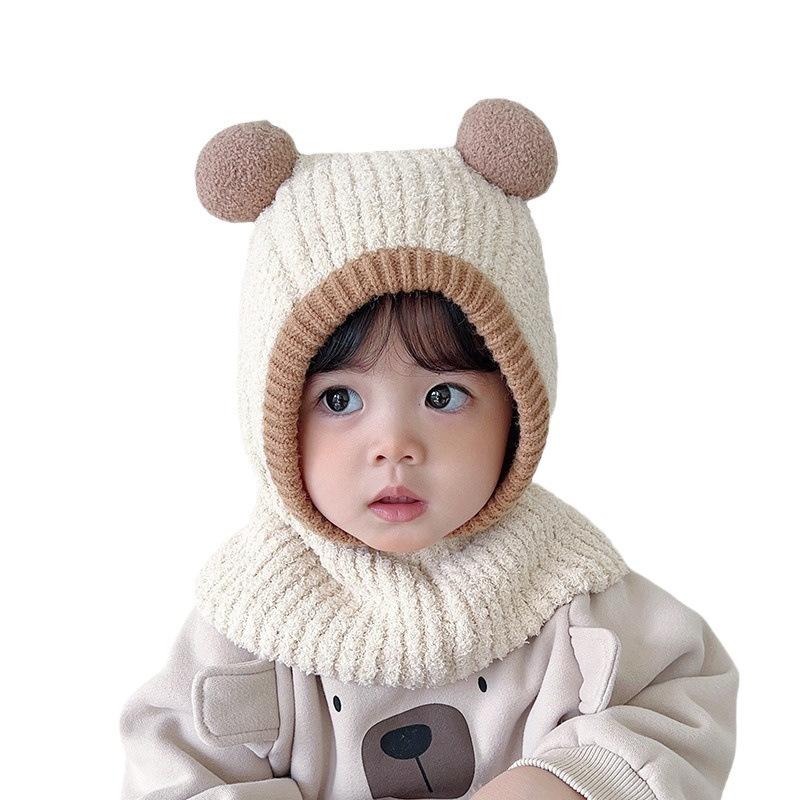 Children's hat and scarf integrated autumn and winter baby windproof and warm plush hat cute double ball boys and girls ear hat