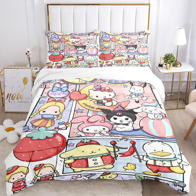 3 шт. Праздничный набор постельного белья с принтом Hello Kitty и друзей, Мягкий и удобный пододеяльник для спальни, гостевой комнаты (Не включено).S002