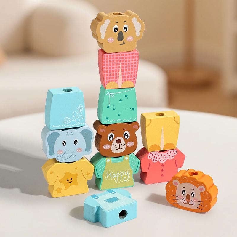 Деревянные животные Монтессори, блоки для stacking и одевания, детское раннее развитие, игра-одевалка, цветная головоломка