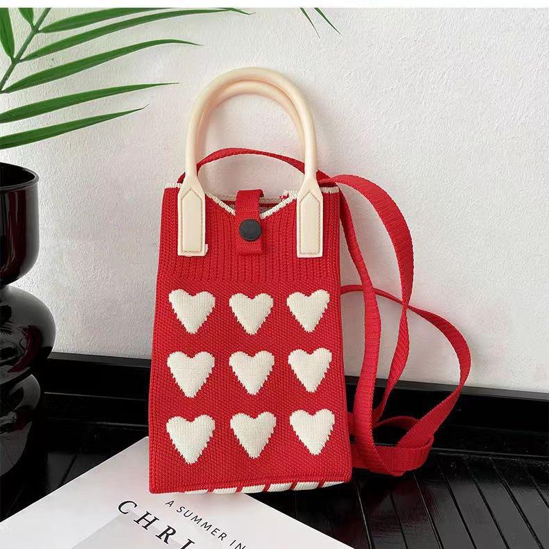 Women Cartoon Knitted Handheld Outdoor Crossbody Bag Leisure Cute Inclined Shoulder Bags Snap Button Mobile Phone Bags