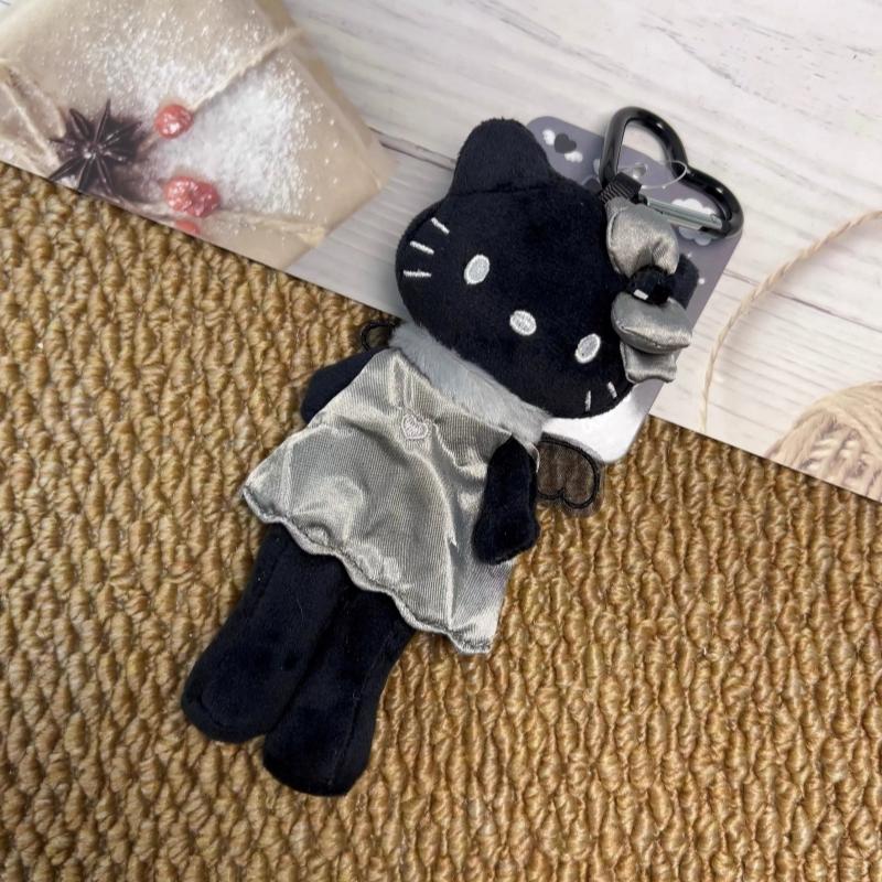 New Sanrio Plush Doll Keychian Hello Kitty Winter Limited Long Legs Kawaii Stuffed Bag Charm Pearl Necklace Black Skin Pendant