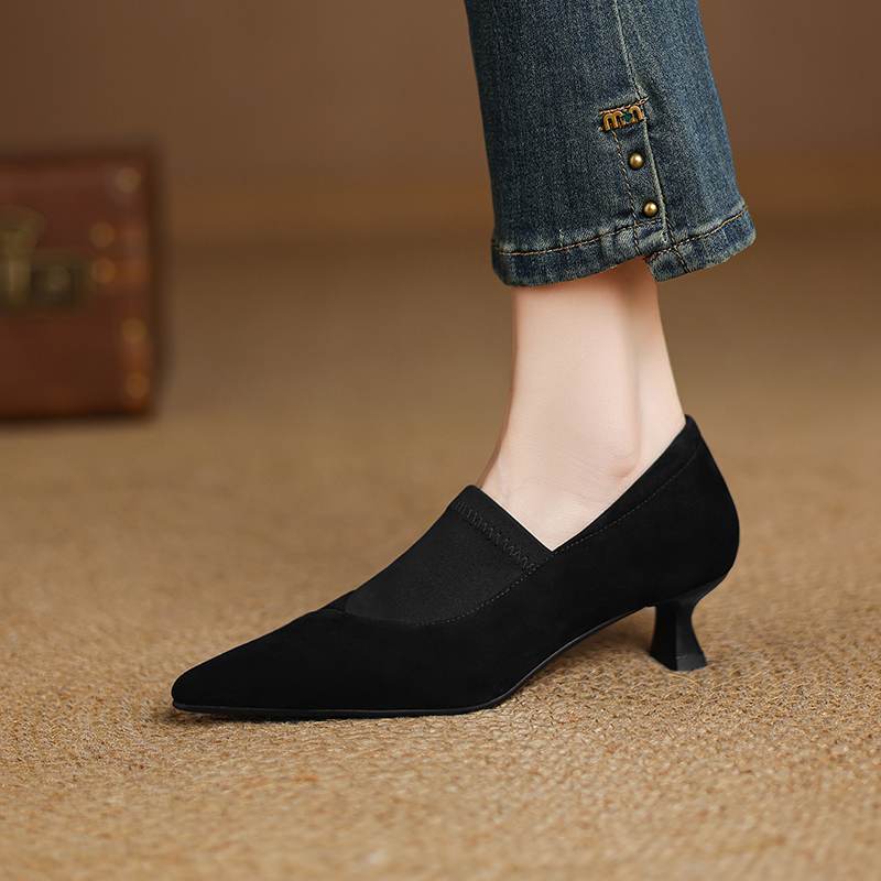Krazing Pot Обувь из овчины замши Осень Зима Туфли Стилет Средний каблук Размер 43 Размер 42 Острый носок Глубокие лодочки