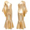 Kids Girls Romper Shiny Metallic One Shoulder Flare Sleeve Bodysuit Dance Jumpsuit Gymnastics Figure Skating Dance Wear