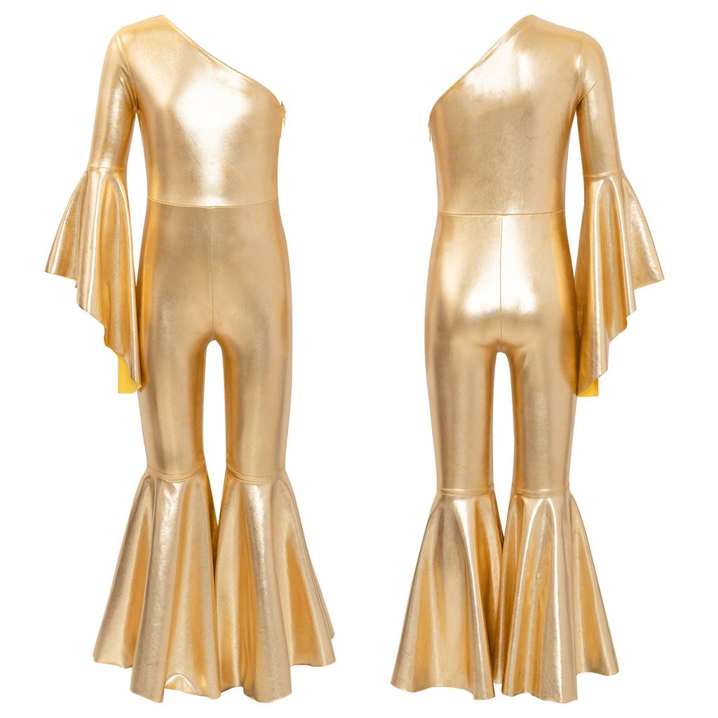 Kids Girls Romper Shiny Metallic One Shoulder Flare Sleeve Bodysuit Dance Jumpsuit Gymnastics Figure Skating Dance Wear