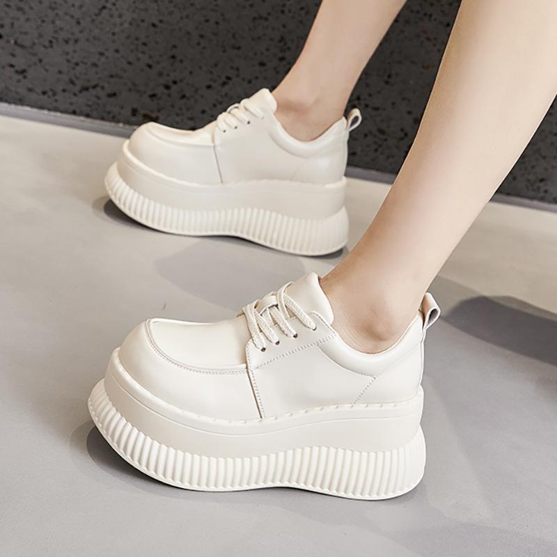8.5cm Cow Genuine Leather Comfy Chunky Sneakers Women Pumps Flats Flats Fashion Platform Wedge Mary Jane Chunky Heels