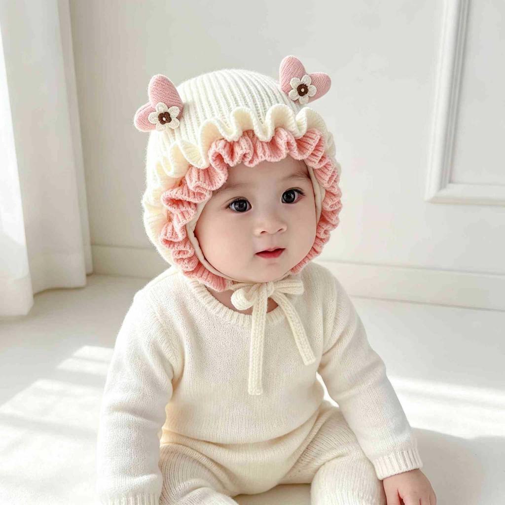 Baby love flower ear hat autumn and winter baby knitted wool hat newborn sweet ruffle edge warm hat