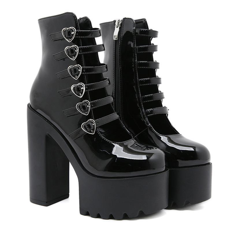 Модные туфли-лодочки на блочном каблуке для женщин, модные ремешки с пряжками, дизайн в виде сердца, туфли для платья, боковая молния, высокий каблук, туфли Мэри Джейн, уличный стиль