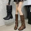 Fashion Vintage Thick Heel Pleated Women Knee High Boots Outdoor Non Slip Shoes Autumn Winter Ladies Knight Long Booties