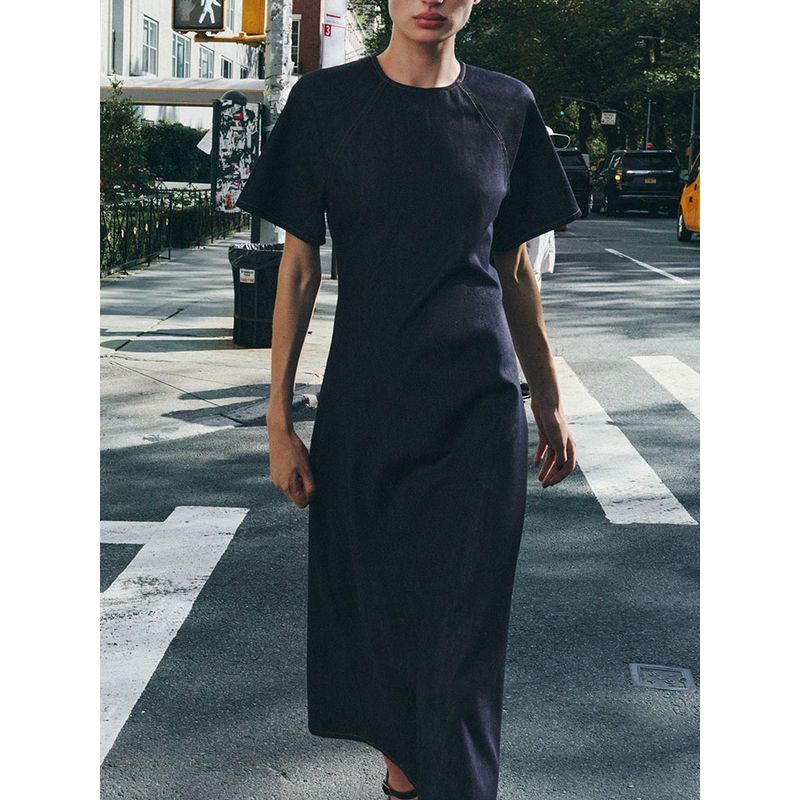 Za2025 Summer New Women Clothes Round Neck Short Sleeve Waist Hugging Slimming Denim Long Dress 2183242 407