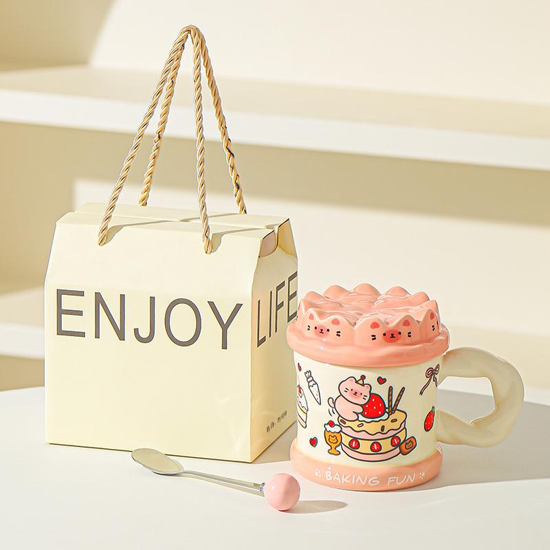 Нарисованная от руки кружка с милым котом «Торт на день рождения», офисная кружка для воды для высокой девушки с крышкой, домашняя парная керамическая кружка
