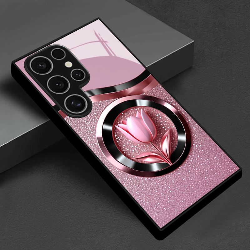 Stylish Shiny Pink Tulip Glass phone case mobile phones fashion phone cases for Samsung Galaxy S26 S25 S24 S23 S22 FE Ultra Plus
