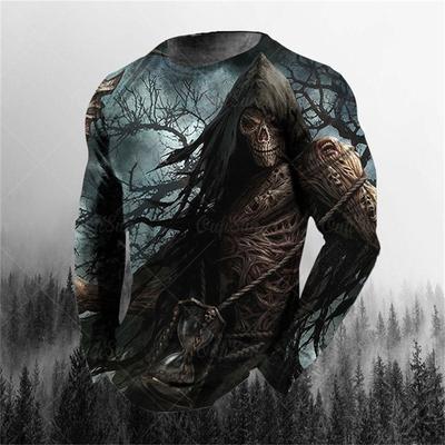 Футболка больших размеров с круглым вырезом и длинными рукавами с 3D принтом, мужская одежда, мужская футболка в стиле ретро с длинными рукавами, длинная футболка с черепом, мужская уличная