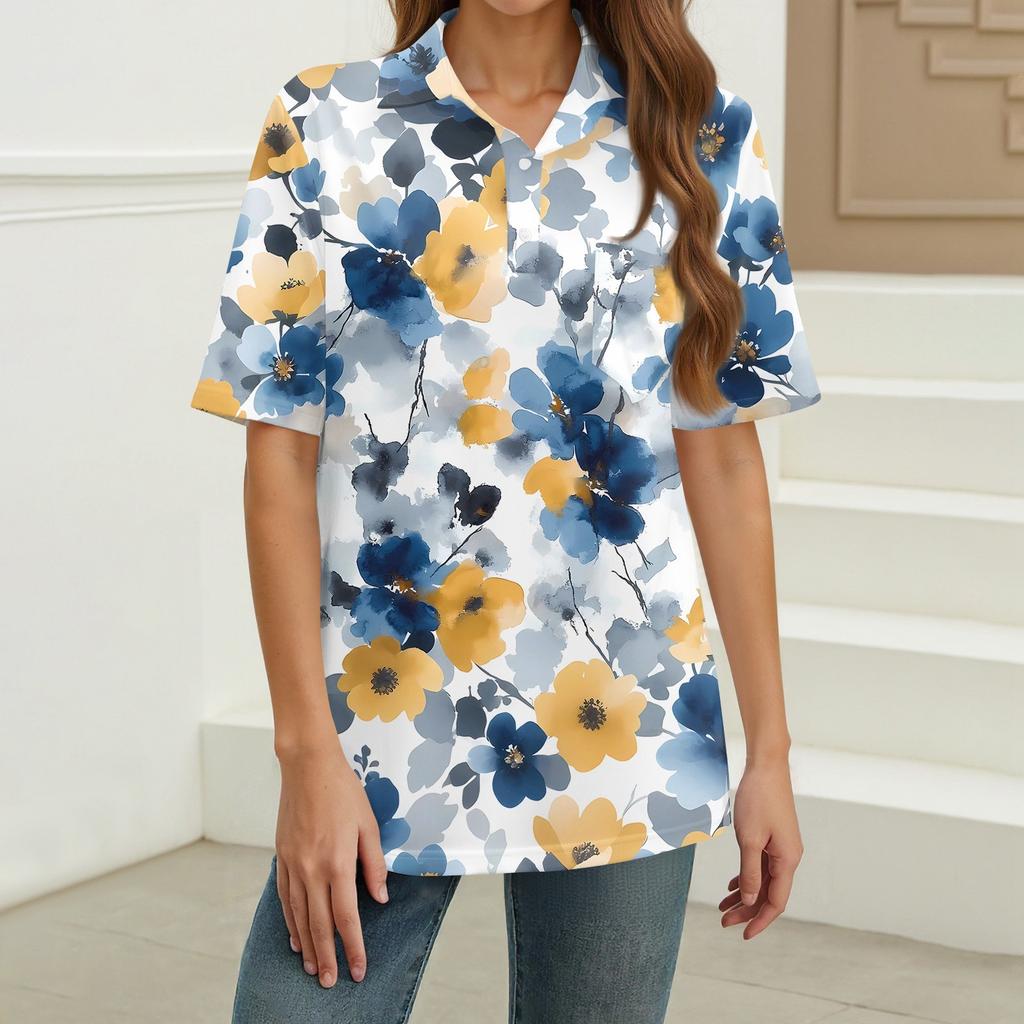 Women's Fashion Casual Button Pocket Shirt Short Sleeve Print Lapel Top