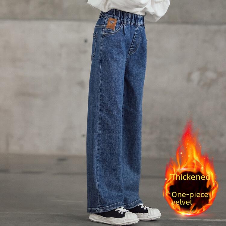 Модные свободные джинсы с широкими штанинами для девочек осень/зима 2023 года с бархатной подкладкой