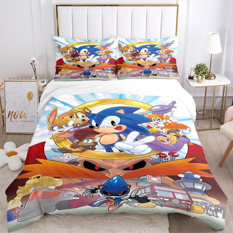 3pcs Sonic the Hedgehog Quilt Cover Set - Soft and Cozy Bedroom, Guest Room and Dorm Decorative Bedding 3-Piece Set 1 Quilt Cover + 2 Pillow Sham