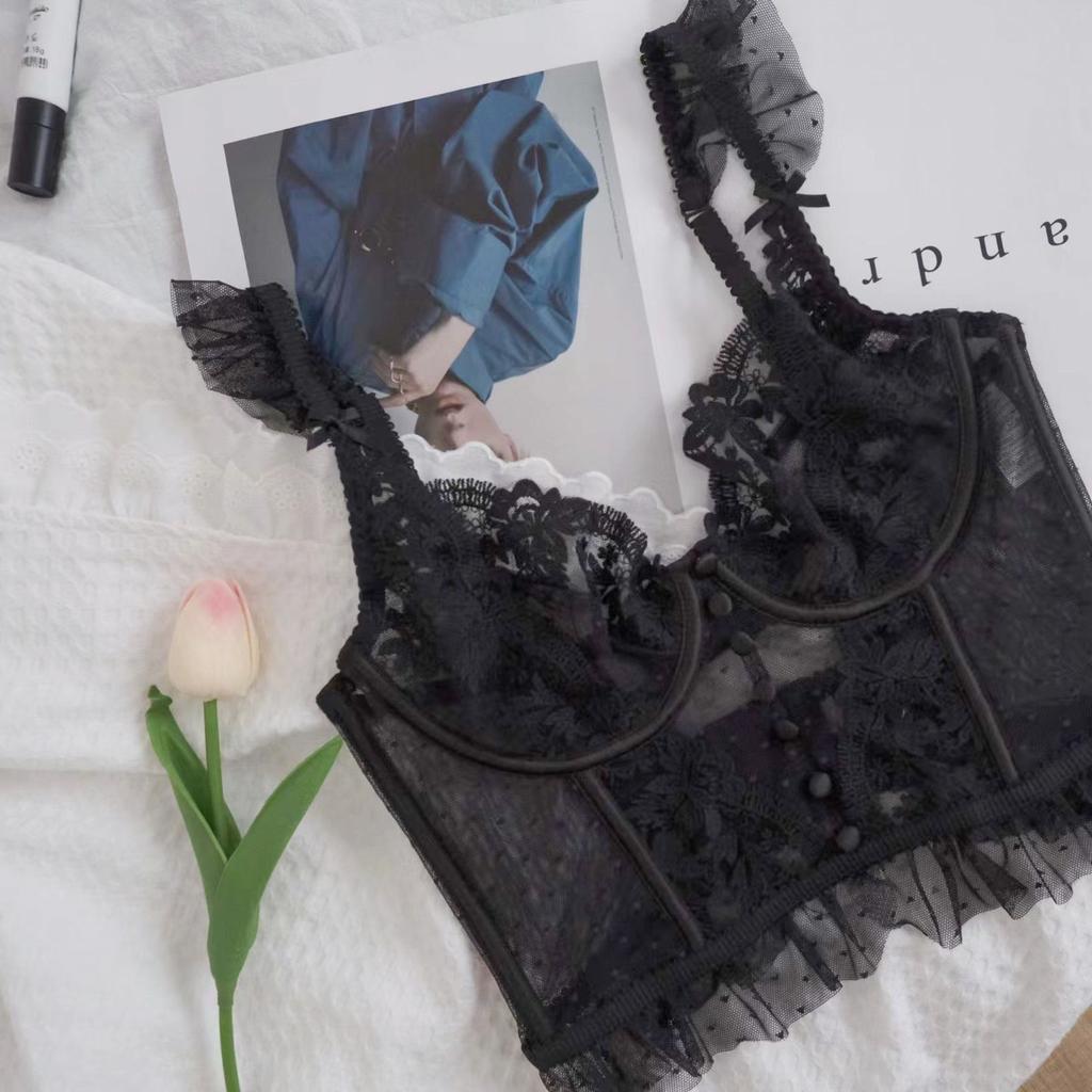 French underwear women's vest-style model with double breasts, sexy lace, beautiful back adjustment type, wearable bra set.