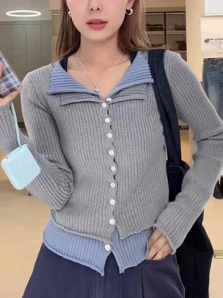 Slim-Fit Color Block Knit Cardigan – Women's Fashion Top for Autumn/Winter 2025
