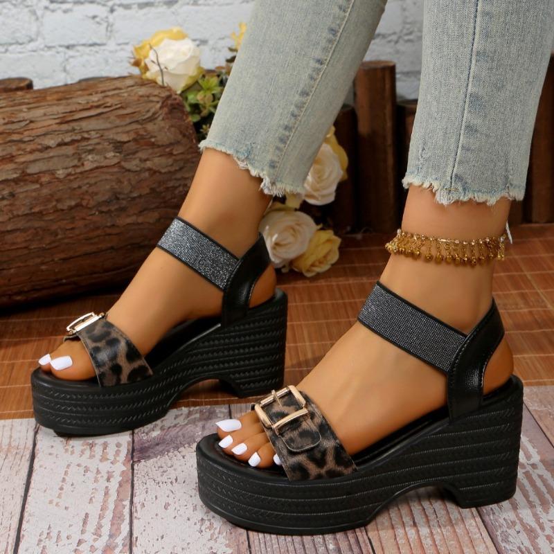 Леопардовый Высокий Каблук Модные Босоножки Женские Летние Большие Размеры Женские Толстые Босоножки