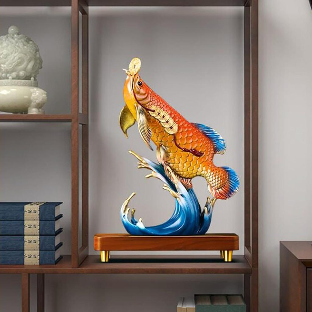 Aris & Juno Hand-Painted Copper Golden Arowana Sculpture with Coins, Traditional Chinese Wealth Symbol Statue, Feng Shui Office Desk Home Prosperity