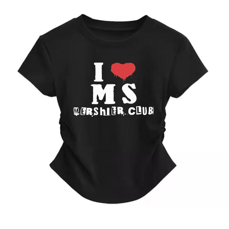Front Shoulder Crew Neck Cotton Short Sleeve T-Shirt American Printed Alphabet Pinch Waist Pleated Spice Girl Short Top Summer New