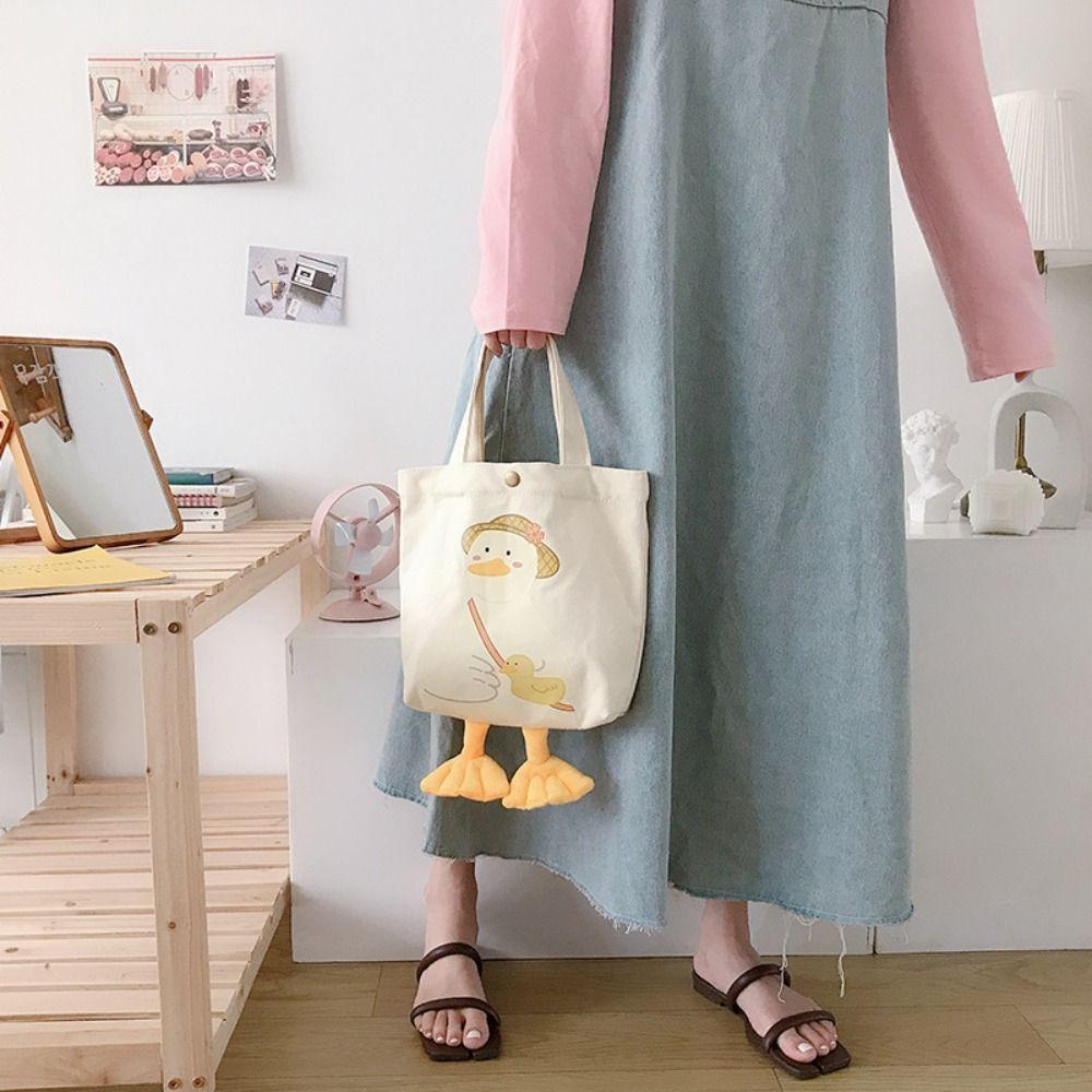 Eco Cute Duck Tote Bag Canvas Duck Embroidery Crossbody Bag Fashion Large-Capacity Shopping Bag
