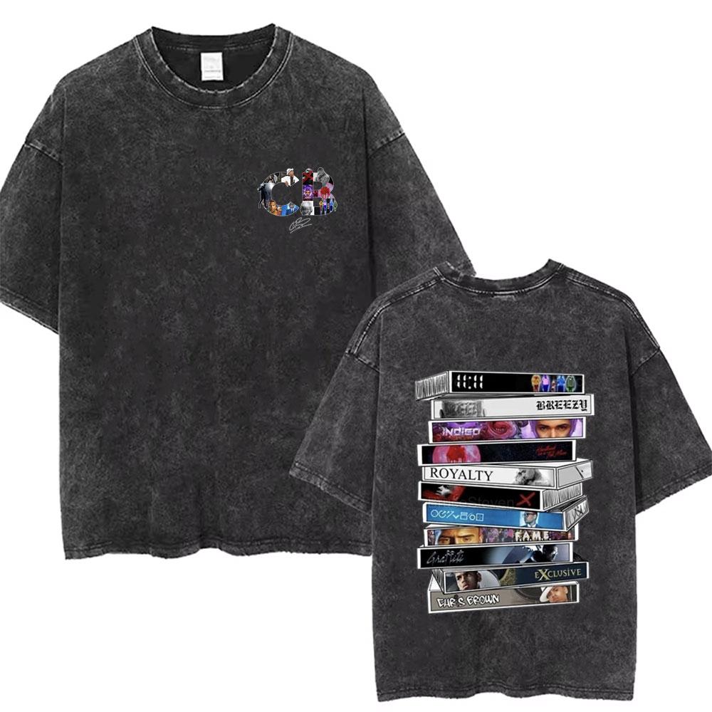 Washed Chris Brown Music Album Cover Print Tshirt Breezy Bowl XX Tour Merch T Shirts Men Women Hip Hop High Quality Tshirt