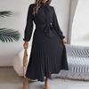 Women's Fashion Retro Solid Color Long Sleeve Waist Pleated Skirt Stand Collar Pullover Dress