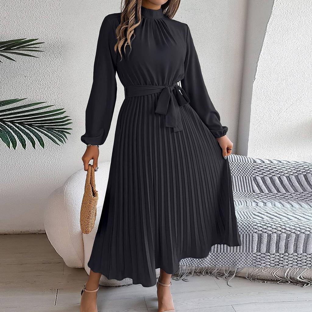 Women's Fashion Retro Solid Color Long Sleeve Waist Pleated Skirt Stand Collar Pullover Dress